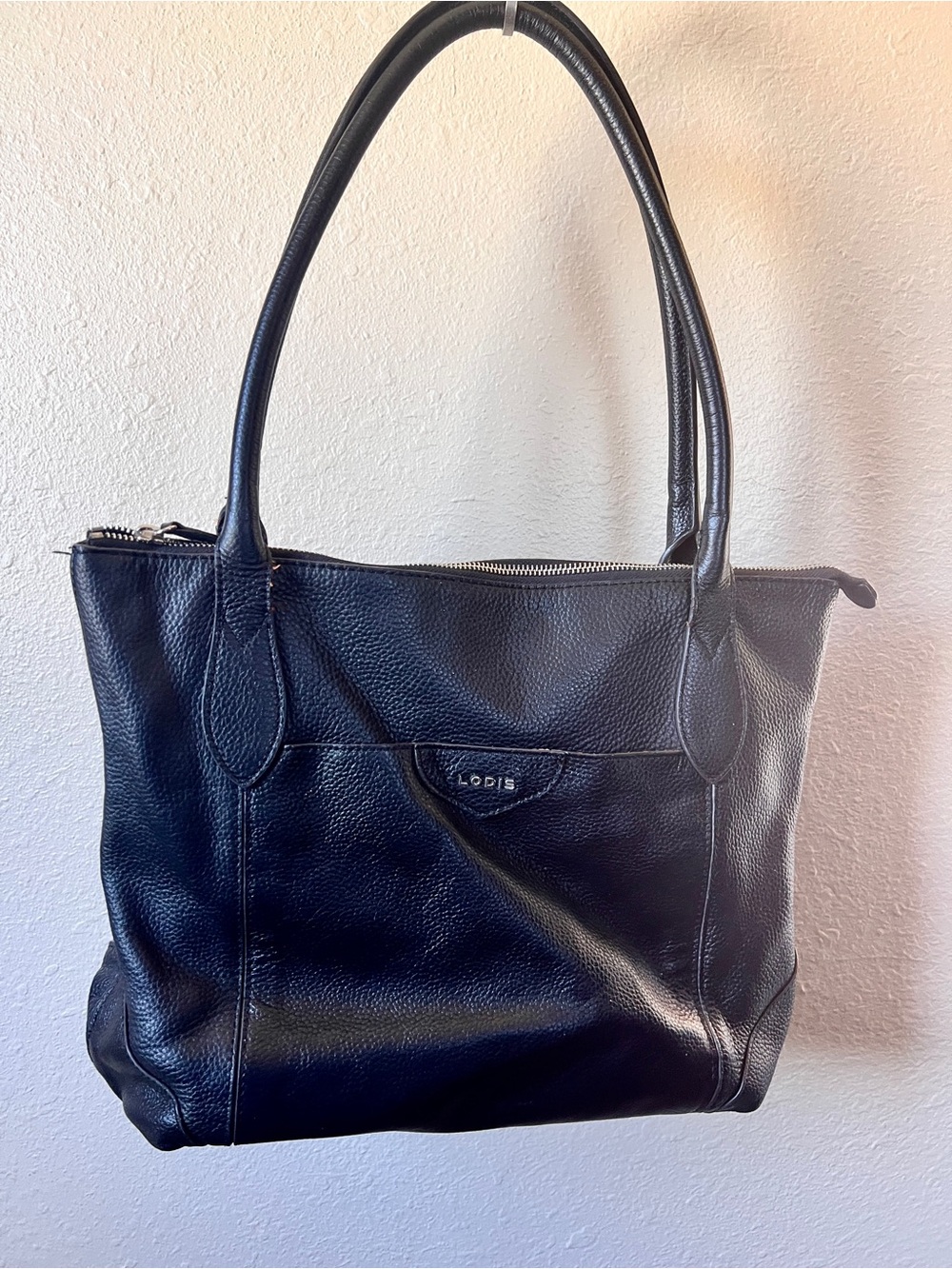 Lodis Large Black Leather Zippered Travel Tote